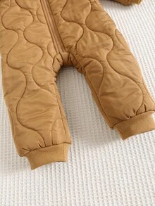 SHEIN Noworodek, chłopiec/dziewczynka, śliczny, pluszowy kombinezon z kapturem w kratę w kolorze khaki, polarowy, unisex, zimowe ubranka dla niemowląt