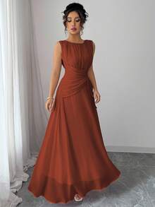 Vestido maxi de gasa elegante y casual para mujer, estilo vintage romántico, adecuado para la playa, el té de la tarde, fiestas, bodas, ir al trabajo, sin mangas, cintura con cordón, espalda plisada, forrado, primavera/verano - Óxido marrón - Ver 5