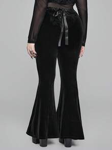 ROMWE Quần ống loe nhung họa tiết chữ thập Gothic cỡ lớn - màu đen - Xem 3