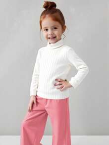 SHEIN Áo thun tay dài vải dệt kim cổ cao đơn giản cho bé gái, thích hợp cho mùa thu đông - trắng - Xem 8