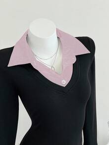 Elamini 女士休闲合身针织条纹衬衫 - 粉色 - 查看 3