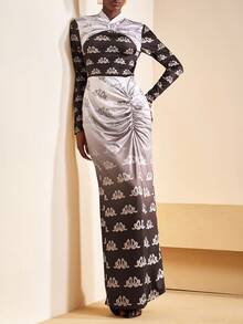 Zivah Vestido maxi 2025 de nueva llegada para otoño con manga larga, frente retorcido, cremallera en la espalda y cintura plisada, con estampado gráfico negro y plateado, adecuado para fiesta de cumpleaños, banquete, vuelta al colegio, uso casual diario, crucero, elegante y casual de negocios - Multicolor - Ver 6