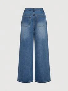 SHEIN MOD 女士休闲日常水洗水钻斜插口袋阔腿牛仔裤，时尚蓝色牛仔裤，饰有闪亮水钻，宽松高腰阔腿牛仔裤，圣诞派对 - 中等水洗藍 - 查看 2