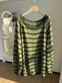 Comfortcana Plus Size Plus Size Striped Raglan Sleeve Long Sleeve Casual Sweater, Autumn/Winter - Green - View 3