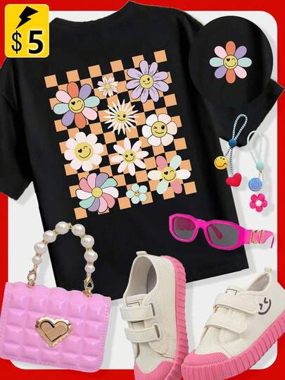 Young Girl Casual Checkered Colorful Flower Printed Short Sleeve T-Shirt With Drop Shoulder, Summer