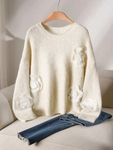 Elaquor Plus Size Women Plus Size Floral Decor Long Sleeve Pullover Sweater, Autumn/Winter