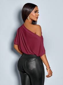 SOLERSUN Women's Solid Asymmetrical Neck Ruched Shoulder Tee - Red - View 2