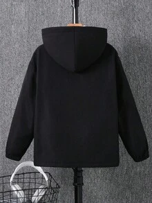 SHEIN 男童休闲纯色多功能实用口袋连帽长袖开襟轻薄外套，适合通勤、上学、日常休闲、学院风等场合，也适合男童返校、校服、幼儿园、生日派对、晚宴、婚礼、洗礼、开学典礼、上学、旅行、运动、秋季和冬季穿着。 - 黑色 - 查看 2