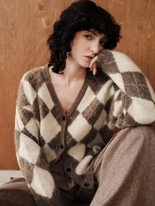 Uhlyne Women's Fashion Colorblock Plaid Long Sleeve Knit Cardigan - Apricot - View 1