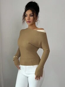 Elenzga Pulover cu guler asimetric și blocuri de culoare pentru femei, stil vintage elegant, potrivit pentru vacanțe și sărbători, primăvară/toamnă - Kaki - Vizualizare 3