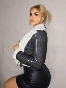 Zolique 女式翻领拉链腰带长袖仿皮复古皮夹克 - 黑色 - 查看 4