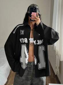 StreetHx Camisa de manga larga de estilo callejero con ajuste holgado y estampado de logo para mujer - Negro - Ver 7
