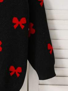 Cárdigan de punto de manga larga y media longitud con lazo y flor minimalista y lindo, estilo jacquard para niñas. Abrigo de suéter estilo jacquard mariposa roja. Moda de estilo callejero europeo y americano para otoño, Navidad. Suelto y versátil, cárdigan de botones de media longitud.