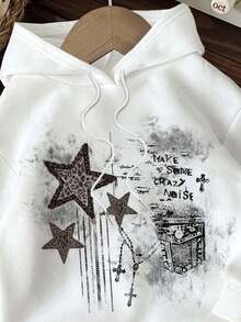 Attitoon Áo sweatshirt phong cách vintage, họa tiết ngôi sao, chữ thập, túi ngực, grunge, punk, gothic tối màu, dáng rộng, dày dặn, phù hợp cho mùa thu/đông, phong cách đường phố, sành điệu, Y2K. - trắng - Xem 9