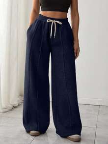 EURMUSE Quần nỉ ống rộng Plus dành cho nữ có dây rút và túi - Màu xanh hải quân - Xem 3