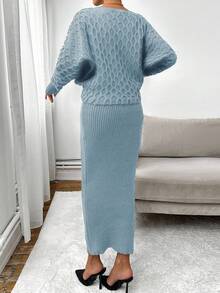 EURMUSE Women's Textured Crew Neck Long Sleeve Top & Skirt Knit Set - Baby Blue - View 2