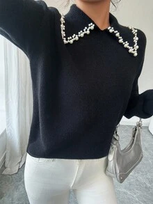 SHEIN Elenzya Women's Autumn/Winter Aniusta Casual Top, Suitable For Vacation, Independence Day, Labor Day, Columbus Day, Thanksgiving, Valentine's Day, Vintage, Stockholm, Tulum, Korean Style, Elegant, Versatile, Student, Teacher, Gothic, Office, Business Casual, Back To School Season, Embellished Collar Black Knit Sweater - Black - View 6