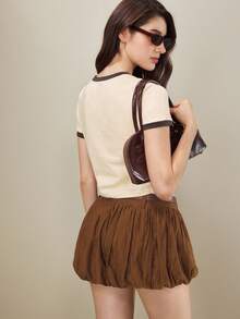 Women's Yellow Contrast Trim Brown Letter Print Round Neck Short Sleeve T-Shirt, Summer Apparel - Light Yellow - View 3