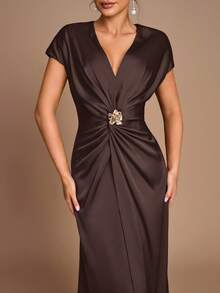 SHEIN Belle Elegant Romantic Coffee Color Pleated Short Sleeve A-Line Split Bridesmaid Dress