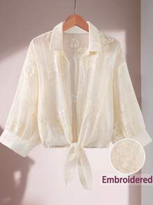 SHEIN LUNE 大码女式针织系带袖口长袖衬衫，复古风，夏季，90年代复古风，春假，伊比沙岛版型，海滩/海滩夏季波西米亚风复古风夏季春假锐舞节春假 - 淡黃色 - 查看 1