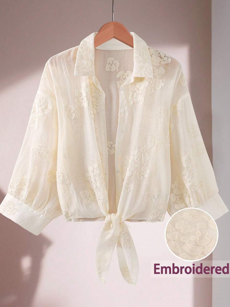 SHEIN LUNE 大码女式针织系带袖口长袖衬衫，复古风，夏季，90年代复古风，春假，伊比沙岛版型，海滩/海滩夏季波西米亚风复古风夏季春假锐舞节春假 - 淡黃色 - 查看 1