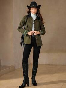 Wildy Women's Plaid Cuff Single-Breasted Casual Winter Jacket Going Out Tops