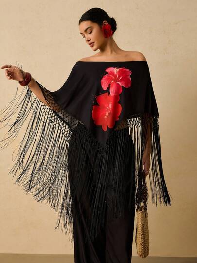 Travachic Plus Size Women Floral Print Off Shoulder Tassel Hem Top And Wide Leg Pants Fashionable 2-Piece Set Fringe Tops Fringe Clothing Women Hibiscus Dress Fringe Dress Fringe Top Women Women Tops Beach Outfit For Women Black Top Black Top Cozy Fall And Winter Clothes For Women Beach Outfit For Women Elegant Luxury Evening Outfits Black Sets