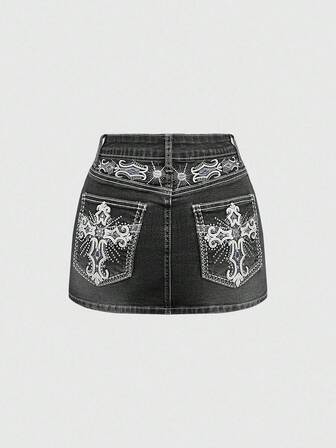 Grunge Punk Y2K Vintage Crop Top With Cross & Wing Embroidery Pocket Mini Skirt (With Leggings)