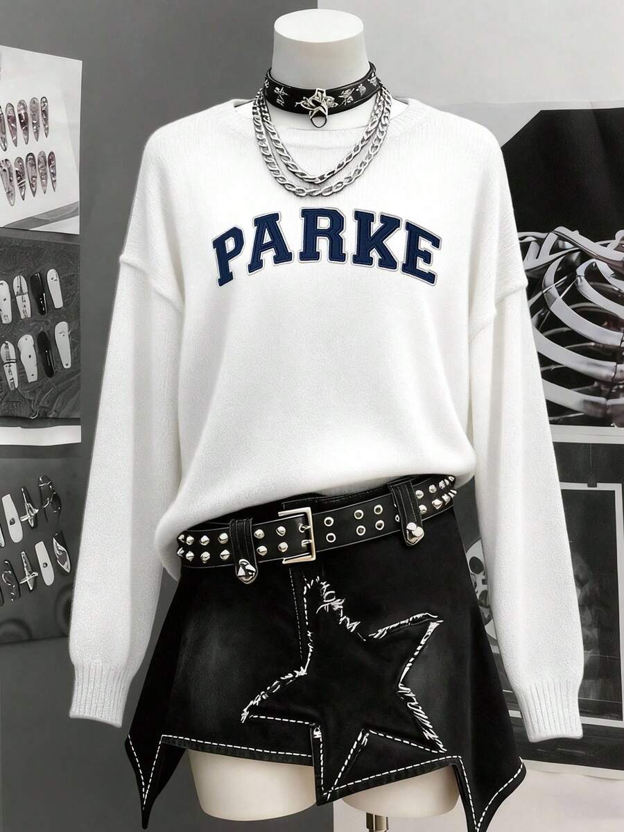 INAWLY 女士舒适长袖圆领毛衣，PARKE 字母印花，简约时尚，适合日常穿着 - 彩色 - 查看 1