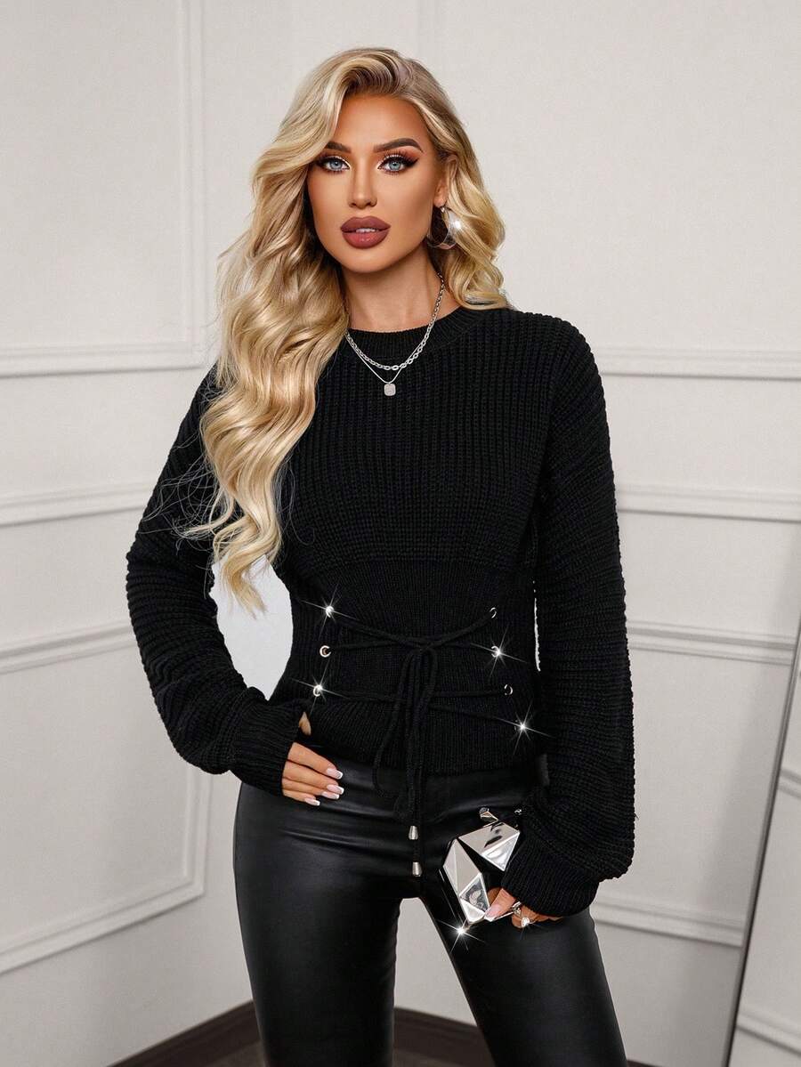 Xyvia Women's Elegant Round Neck High Waist Tie Waist Solid Color Sweater - Black - View 1