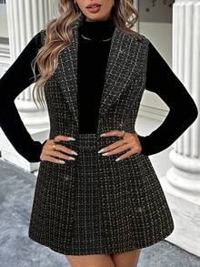 SHEIN Clasi Plus Size Women Plaid Pattern Vest + A-Line Skirt 2 Pieces Set, Elegant For Daily Commute - Black - View 3