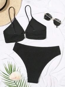 Oceva Summer Beach Textured Bikini Set O-Ring Detail Cami Bra & Bikini Bottom 2 Piece Bathing Suit - Black - View 2