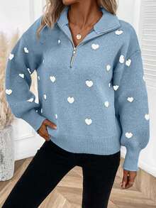EURMUSE Women's Casual Everyday Commute Loose Fit Heart Pattern Drop Shoulder Half Zip Cardigan Sweater, Autumn/Winter - Baby Blue - View 5