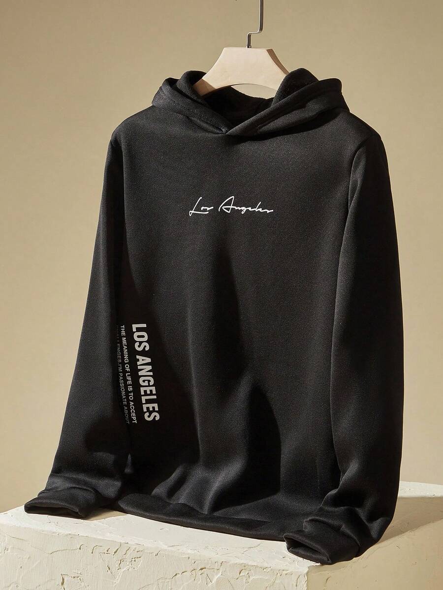 Manfinity BRENVOR Men's Long Sleeve Knit Casual Letter Print Hoodie Sweatshirt, Couple Things - Black - View 1