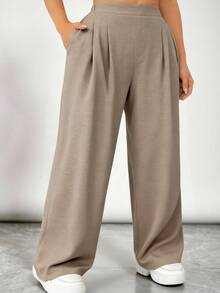 SHEIN VCAY Pantalones anchos de pierna ancha con bolsillo en diagonal, de unicolor, sencillos y casuales para uso diario y viajes, talla grande para mujeres - Marrón Mocha - Ver 5