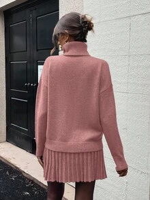 SHEIN LUNE 女式纯色高领长袖上衣和迷你裙两件套 - 粉色 - 查看 2