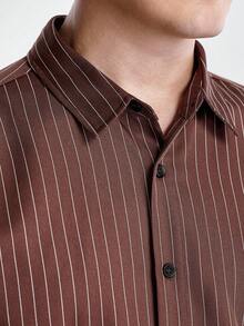 Manfinity CityGents Men's Fashion Casual Striped Print Button-Down Long Sleeve Shirt Brown Striped Shirt Men Long Sleeved Shirt Men Vintage Long Sleeved Shirt Casual Business Shirt Men Rust Color Men Shirt, Fall