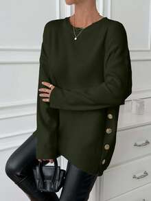 EURMUSE Women's Loose Fit Casual Sweater With Side Button Detail, Round Neck, Autumn/Winter - Green - View 4