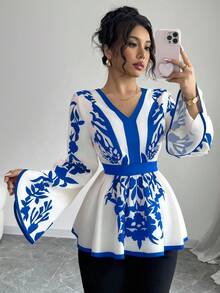 Elenzga 女式时尚优雅花卉印花V领长袖衬衫 - 藍色 - 查看 7