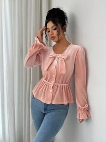 SHEIN Elenzya Blusa elegante y romántica para mujer con volantes, decoración de perlas y ajuste ceñido en la cintura - Rosa Pálido - Ver 5