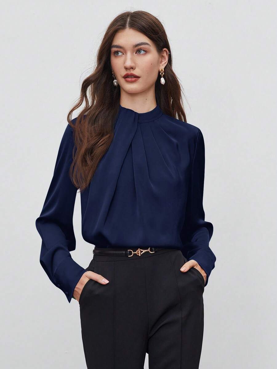 BizChic 2025秋冬海军蓝领褶设计女衬衫，现代优雅时尚商务休闲办公装，百搭百搭浪漫风格，适合正式场合、派对、婚礼、音乐会、早午餐、机场、国庆节、新年、圣诞节、万圣节