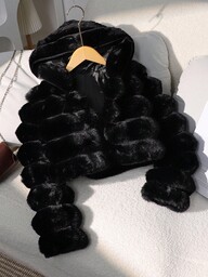 1 Stück Mädchen Weiche Kunstfell Jacke, eleganter langärmeliger kurzer figurbetonter Kapuzenmantel, geeignet für Herbst/Winter