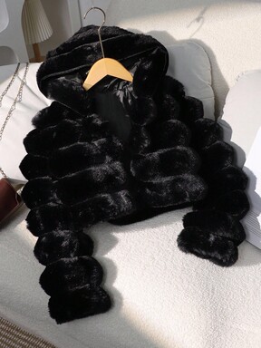 1 pezzo Giacca in pelliccia sintetica morbida per ragazze, elegante cappotto corto con maniche lunghe e cappuccio, adatto per l'autunno/inverno