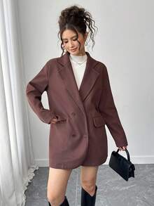 Sparklyn Áo blazer nữ tuổi teen dáng rộng, màu tối, chống bụi, thích hợp mặc đi làm, thanh lịch và tinh tế, mùa thu đông. - màu nâu - Xem 6