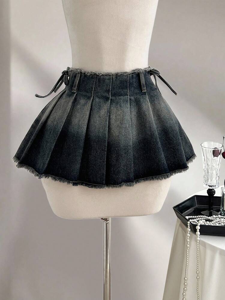 Elamini Women's Casual Washed Ombre Pleated Denim Skirt - Blue - View 5