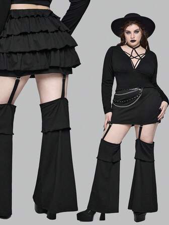 Plus Size Gothic Mysterious Sexy 2 In 1 Pants, Flare Leg