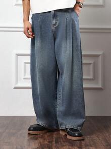 SUMWON Jean ample à jambes larges, coupe baril plissé avec taille haute, style vintage automne-hiver, décontracté, streetwear, mode japonaise, coupe ample