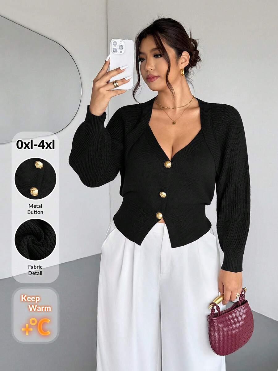 Firerie Plus Size Solid Color Front Button Long Sleeve Casual Knit Cardigan In Fall/Winter - Black - View 1
