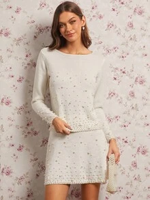 Enchnt Fall/Winter Romantic Women's Apricot  Faux Pearl Decor Round Neck Long Sleeve Fashionable Knit Sweater,Sweet&Elegant&Fashionable ForVacation&Date&Holiday&Birthday&Party&Graduation&Wedding Guest&Office&Going Out,Back To School,Fall Sweaters For Women,Autumn Clothes - Apricot - View 2