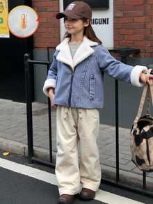 SHEIN 年轻女孩休闲酷蓝牛仔拼布白色保暖内衬保暖夹克，秋冬 - 中等水洗藍 - 查看 1